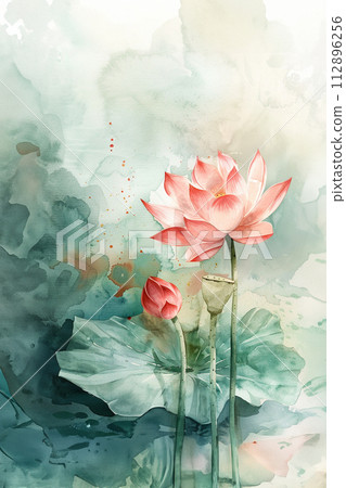 White pink waterlily or lotus flower in pond. 112896256