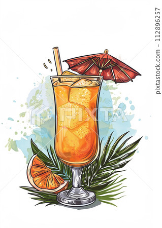 mai tai cocktail with pine apple and palm tree leaves on background mai tai cocktail with pine apple and palm tree leaves on background 112896257