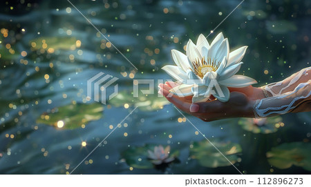 white lotos flower in pond, symbol of wesak day. 3d illustration white lotos flower in pond, symbol of wesak day. 3d illustration 112896273