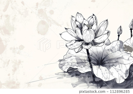 Lotus flower minimal illustration for packaging, corporate identity, labels, postcards, invitations. Rustic inks Lotus flower minimal illustration for packaging, corporate identity, labels, postcards, invitations. Rustic inks 112896285