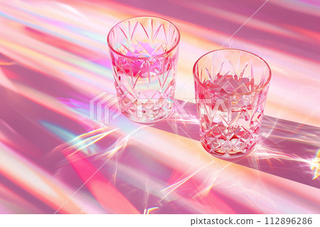 empty crystal glass on pink background, long glitter geometric shadows on the table empty crystal glass on pink background, long glitter geometric shadows on the table 112896286