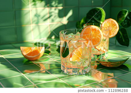 Lemonade in a crystal glass with lemon slices and mint leafs on a green tile bar counter. Hard light and shadows. Lemonade in a crystal glass with lemon slices and mint leafs on a green tile bar counter. Hard light and shadows. 112896288
