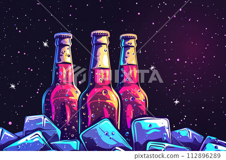 Fluorescent colors poster of cold beer bottles in ice Fluorescent colors poster of cold beer bottles in ice 112896289
