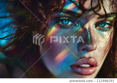 Close up hands with holographic iridescent paint 112896291