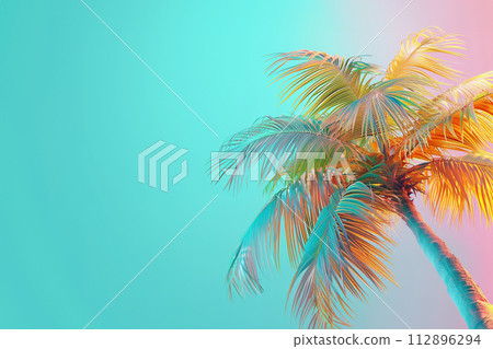 Tropical palm tree with sun light. Summer vacation wallpaper. Fluorescent colours Tropical palm tree with sun light. Summer vacation wallpaper. Fluorescent colours 112896294