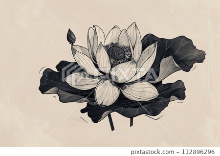 Lotus flower minimal illustration for packaging, corporate identity, labels, postcards, invitations. Rustic inks Lotus flower minimal illustration for packaging, corporate identity, labels, postcards, invitations. Rustic inks 112896296