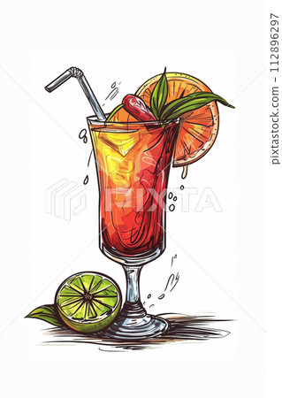 mai tai cocktail with pine apple and palm tree leaves on background mai tai cocktail with pine apple and palm tree leaves on background 112896297