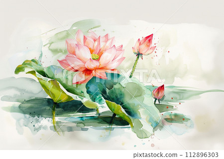 White pink waterlily or lotus flower in pond. White pink waterlily or lotus flower in pond. 112896303