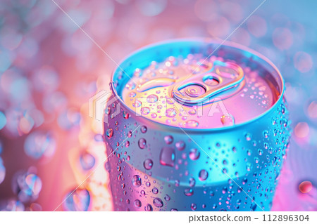 Aluminium can with water drops fluorescent colors. summer concept Aluminium can with water drops fluorescent colors. summer concept 112896304