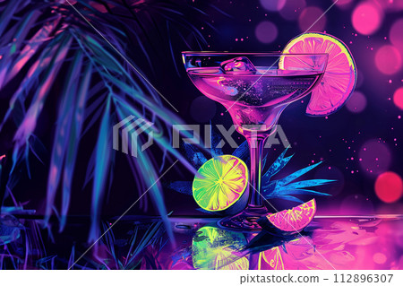 Summer cocktail with lime slice tropical leaves fluorescent colors 112896307
