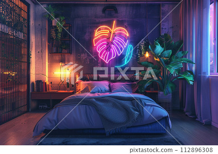 Neon sign monstera in decor of bedroom in modern apartment Neon sign monstera in decor of bedroom in modern apartment 112896308