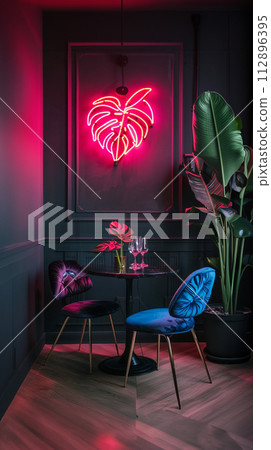 Neon sign monstera as decor of a living room 112896395