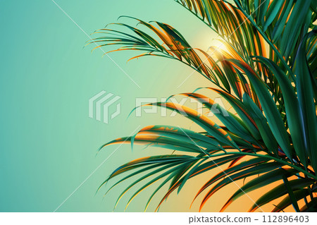 Tropical palm tree with sun light. Summer vacation wallpaper. Fluorescent colours Tropical palm tree with sun light. Summer vacation wallpaper. Fluorescent colours 112896403