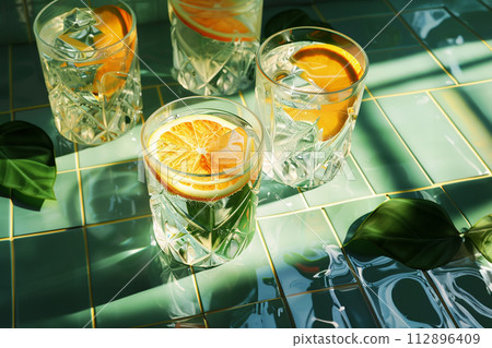 Lemonade in a crystal glass with lemon slices and mint leafs on a green tile bar counter. Hard light and shadows. 112896409