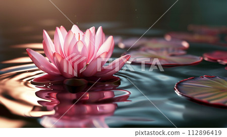 white lotos flower in pond, symbol of wesak day. 3d illustration 112896419