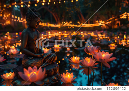 Wesak Day, Buddha statue outdoor. Flowers and lights decoration Wesak Day, Buddha statue outdoor. Flowers and lights decoration 112896422