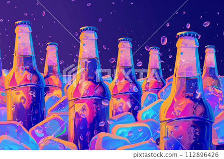 Fluorescent colors poster of cold beer bottles in ice 112896426