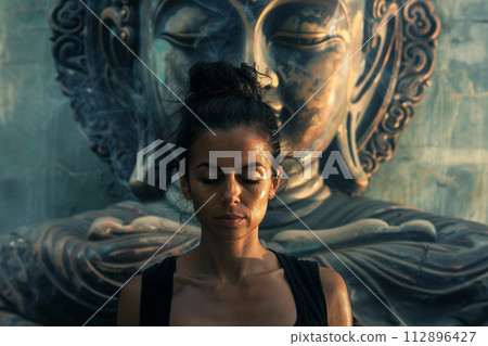 Wesak Day, Buddha statue outdoor. Flowers and lights decoration 112896427