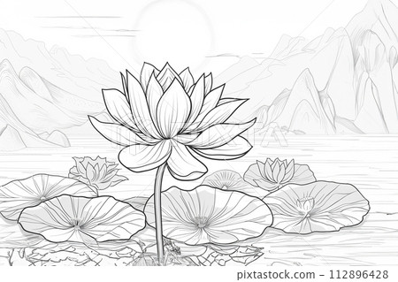 Lotus flower symbol of Wesak day. Outline drawing 112896428