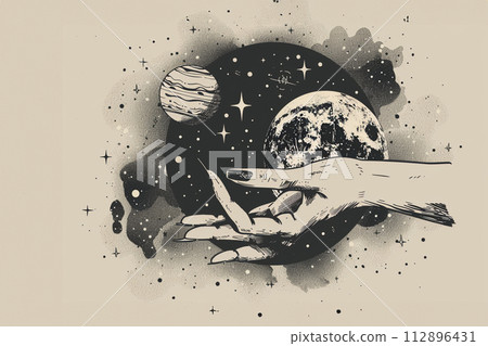 Moon and stars in woman hand. rustic inks drawing 112896431