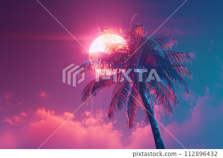 Tropical palm tree with sun light. Summer vacation wallpaper. Fluorescent colours 112896432