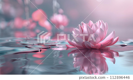 white lotos flower in pond, symbol of wesak day. 3d illustration 112896446