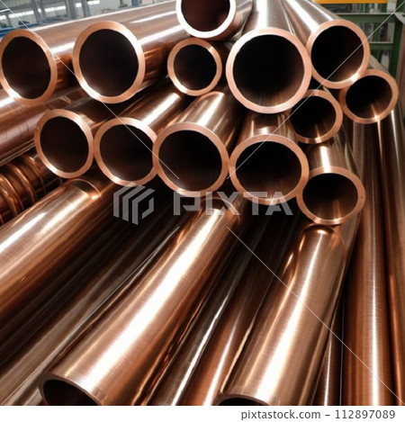 Copper bronze heat exchanger pipes. Heavy non-ferrous metallurgy. Factory industrial production of metal cuprum pipes. Heat exchanger is a technical device in which heat is exchanged between two media 112897089