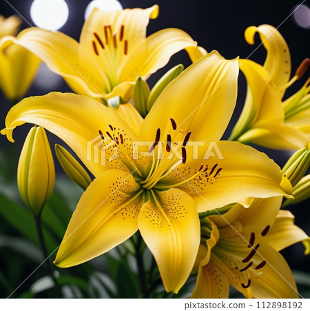 Lily Lilium is genus of plants in the Liliaceae. Perennial herbs equipped with bulbs. Yellow graceful flower petals with white veins. Natural pistils and stamens. Generated AI. Lily scent smell aroma 112898192
