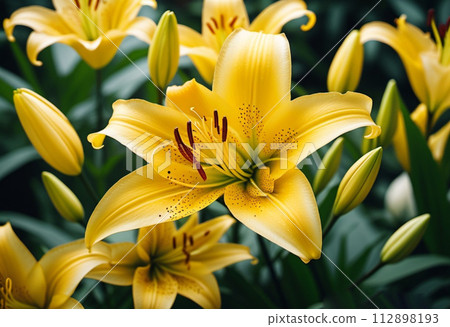 Lily Lilium is genus of plants in the Liliaceae. Perennial herbs equipped with bulbs. Yellow graceful flower petals with white veins. Natural pistils and stamens. Generated AI. Lily scent smell aroma 112898193
