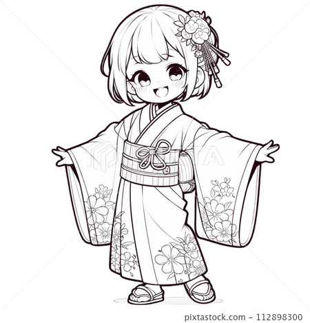 穿著和服的女孩的線條畫 112898300