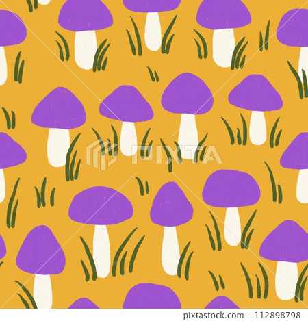 Hand drawn seamless pattern with forest mushroom fungi in pirple yellow leaves on yellow background. Toadstool toxic fungi caps poisonous herbs wood woodland, witch concept, fall autumn flora. Hand drawn seamless pattern with forest mushroom fungi in pirple yellow leaves on yellow background. Toadstool toxic fungi caps poisonous herbs wood woodland, witch concept, fall autumn flora. 112898798