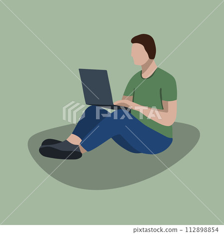 Vector isolated illustration of a man with a laptop. Remote work. Vector isolated illustration of a man with a laptop. Remote work. 112898854