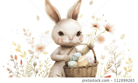 AI-generated content. Easter bunny holding basket with Easter eggs 112899265