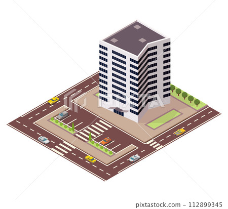 Isometric offices or business center. Town apartment building city map creation with street and cars. Infographic elements. City house composition with roads 112899345