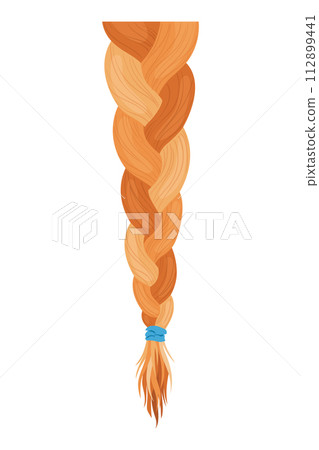 Hair braid. Long female fashion plait. Vector illustration of human hair in natural color. Cartoon art illustration with ribbon isolated on white background 112899441