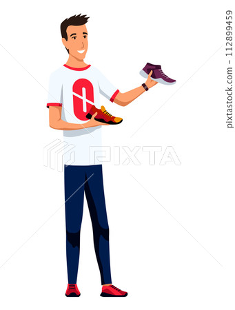 Shoe store scene. Young guy chooses new pair of running sneakers in department of sports shoes. Male consultant helps buyer with purchase Shoe store scene. Young guy chooses new pair of running sneakers in department of sports shoes. Male consultant helps buyer with purchase 112899459
