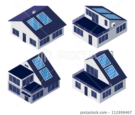 Classic and modern family house residential apartment buildings with roof solar panels. Real estate home property. Contemporary standard suburban urban village style 112899467