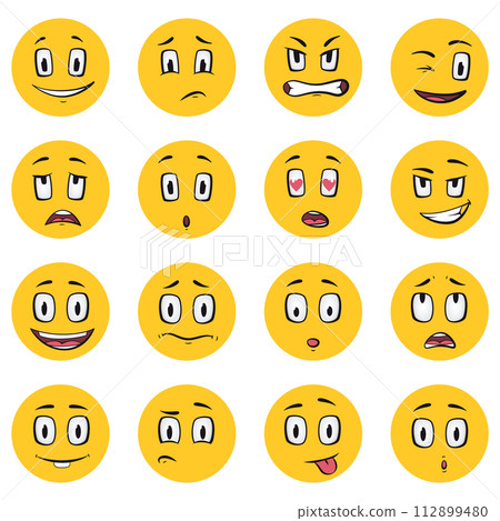 Cartoon faces. Funny face expressions, caricature emotions. Cute character with different expressive eyes and mouth, vector smileys emoticons happy tongue emoticon collection 112899480
