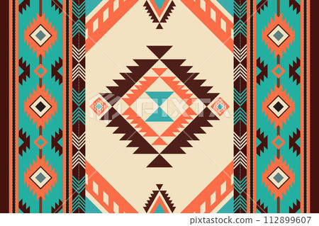 Navajo tribal vector seamless pattern. Native American ornament. Ethnic South Western decor style. Boho geometric ornament. Vector seamless pattern. Mexican blanket, rug. Woven carpet illustration. Navajo tribal vector seamless pattern. Native American ornament. Ethnic South Western decor style. Boho geometric ornament. Vector seamless pattern. Mexican blanket, rug. Woven carpet illustration. 112899607