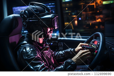 Caucasian man is driving in Futuristic simulator seat cockpit. He playing smart video games motor sport with VR virtual reality goggles at home 112899690