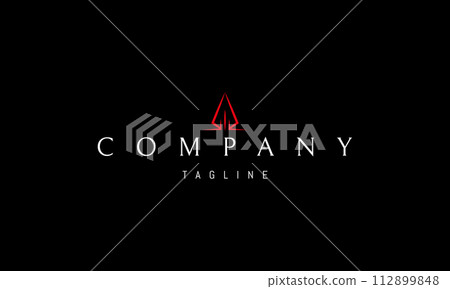 A vector red logo with an abstract image of a skyscraper in the form of an arrowhead. A vector red logo with an abstract image of a skyscraper in the form of an arrowhead. 112899848