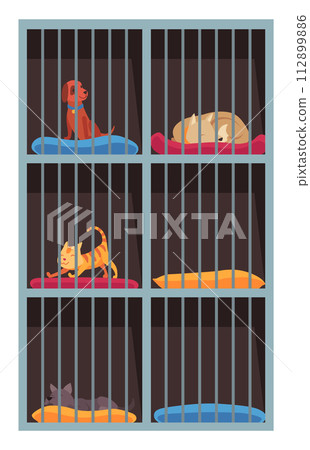 Animal shelter homeless pets, adoption banner layout. Finding new house for pet and homeless domestic animals care. Colorful vector illustration in flat cartoon style 112899886