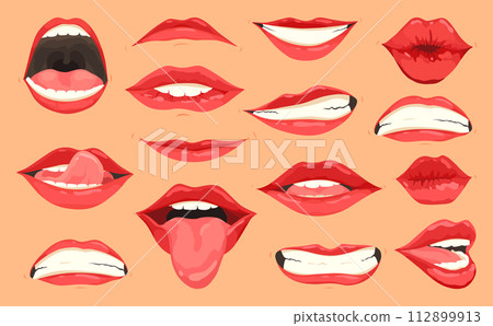 Red lips female collection. Women different emotion set. Biting, smile, kiss, beauty concept. Modern flat vector design illustration 112899913