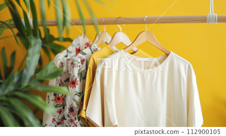 掛在衣架上的裁剪和縫製服裝圖像 112900105