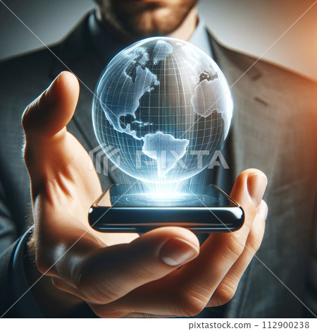 Businesswoman in a suit attentively views a holographic globe projection from his mobile phone in a well-lit office 112900238