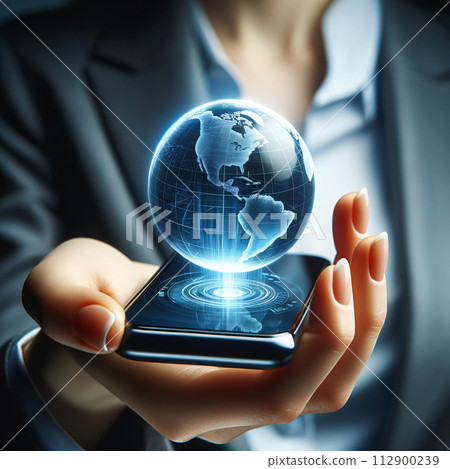 Businesswoman in a suit attentively views a holographic globe projection from his mobile phone in a well-lit office Businesswoman in a suit attentively views a holographic globe projection from his mobile phone in a well-lit office 112900239