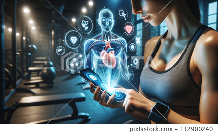 A woman in a gym, wearing gym attire, uses her phone to interact with a bright holographic 3D healthcare display A woman in a gym, wearing gym attire, uses her phone to interact with a bright holographic 3D healthcare display 112900240