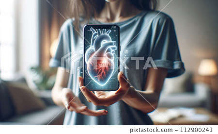 A woman in a gym, wearing gym attire, uses her phone to interact with a bright holographic 3D healthcare display A woman in a gym, wearing gym attire, uses her phone to interact with a bright holographic 3D healthcare display 112900241