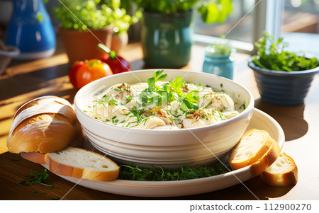 Homemade Creamy clam chowder, brimming with plump clams hearty potatoes and aromatic herbs soup in white bowl on table near window and seascape 112900270