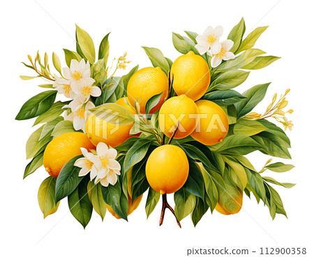 Watercolor and painting Blooming white flowers and fresh lemon branch. Lemonade citrus fruit isolated on white background 112900358